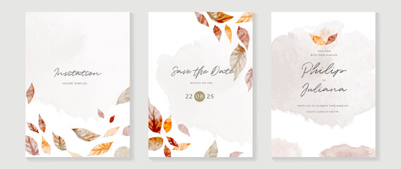 Fototapeta na wymiar Autumn wedding invitation card vector. Luxury background design with golden texture, Flower and botanical leaves watercolor hand drawing. Abstract art cover design for wedding and VIP invite card.