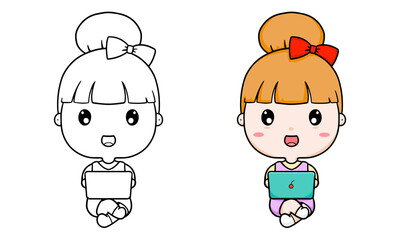 Children's coloring illustration with girl and laptop cartoon