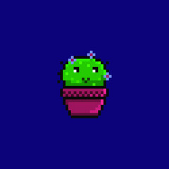 Pixel cute little green cactus, plant logo