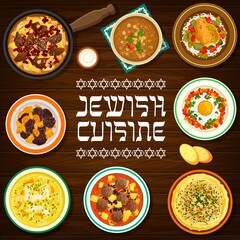 Jewish cuisine vector hummus, chicken noodle soup and shakshuka, meatballs with tomato sauce, beef cholent or chickpea soup. Lamb lentil stew with dried apricots, stuffed chicken breast Jerusalem food