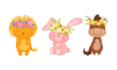 Obraz na płótnie Canvas Adorable baby animals in wreaths of colorful flowers set. Lovely lion, horse, rabbit with floral wreath cartoon vector illustration