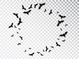 Black silhouette of flock of bats. Halloween traditional design element isolated on transparent background. Round frame