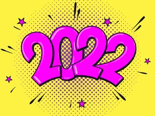 Obraz premium 2022 happy new year. Comic text. Pop Art vintage vector illustration