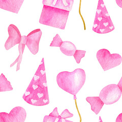 Watercolor happy birthday seamless pattern. Hand drawn pink party hat, candy, gift box, balloon, lollipop, ribbon bow. Cute Birthday party background. Girl birthday celebration