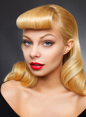 Vintage pin-up portrait of girl with hippie style hairstyle, hairs of the sixties and seventies, Retro style, 60s, 70s, 80s