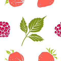 Seamless pattern with wild and garden berries. Colorful paper cut collection berries and leaves isolated on white background. Doodle hand drawn vector illustration
