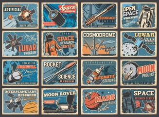Galaxy, spaceship and outer space vintage posters, vector rocket shuttle flight to galaxy planets. Spacecraft rocket in spaceflight from sky to moon or mars for space exploration or orbital station - obrazy, fototapety, plakaty