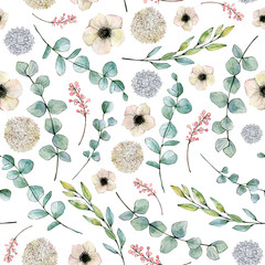 Watercolor seamless pattern with anemones, eucalyptus and hydrangea. Hand drawn clipart. Isolated on white background.