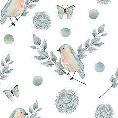 Watercolor seamless pattern with bird, eucalyptus, butterfly and hydrangea. Hand drawn clipart. Isolated on white background.