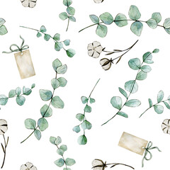 Watercolor seamless pattern with eucalyptus leaves, cotton flowers and paper labels. Hand drawn clipart. Isolated on white background.
