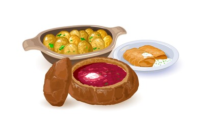 Tasty national dish served in whole grain bread, delicious sour cream and piece of greenery. Tasty fingerling potatoes baked with dill in sheet pan. Isolated on white background