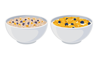 Granola in bowls set. Muesli with blueberry in bowl with milk vector illustration