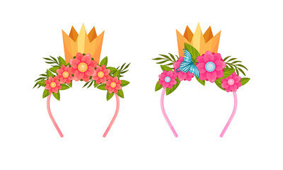 Set of headbands with golden crown and blooming flowers cartoon vector illustration