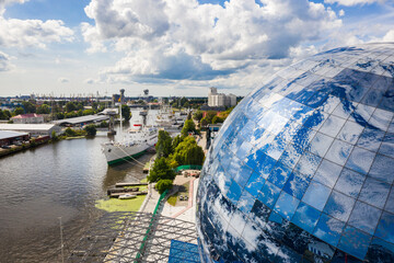 The glass spherical building of the Museum of the World Ocean in Kaliningrad, view from drone