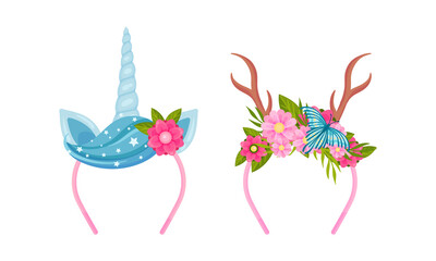 Headbands with unicorn horns and flowers set. Deer antlers and unicorn horn with blooming flowers cartoon vector illustration