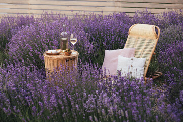 Wicker chair and table with glass of wine, fresh brie cheese and olives in lavender field.