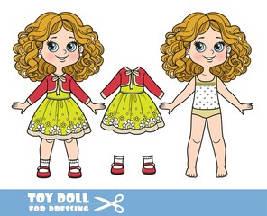 Cartoon girl with curle haired in underwear, dressed and clothes separately - fancy dress with bolero and sandals doll for dressing
