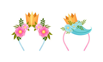 Set of headbands with golden crown with blooming flowers and strand of hair cartoon vector illustration