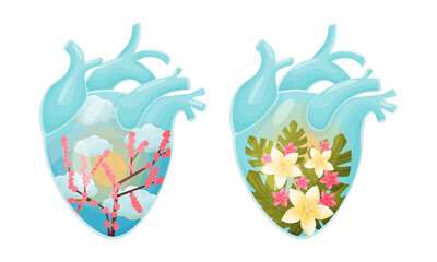 Blooming sakura and tropical plants inside human hearts set vector illustration