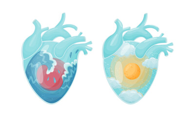 Ocean wave and sun inside human hearts set vector illustration