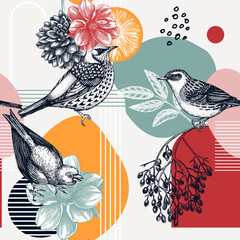 Nahtloses Musterdesign im Collage-Stil. Handskizzierter Vogel auf Dahlienblüte. Trendiger Hintergrund mit botanischen, geometrischen Formen und abstrakten Elementen. Perfekt für Druck, Geschenkpapier, Verpackung