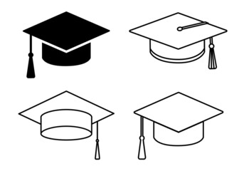 Set of neat graduation cap with tassel. Official education symbol, mortarboard or graduation cap. Student accessory, hat. Black contours isolated on a white background. Laconic flat style. Vector.