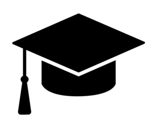 Black graduation cap isolated on a white background. Hat silhouette icon. Education symbol, mortarboard or graduation cap. Student accessory. Laconic flat style. Vector stock illustration.