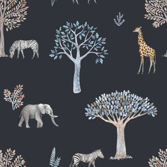 Beautiful seamless pattern with hand drawn watercolor cute trees and safari elephant giraffe zebra animals. Stock illustration.
