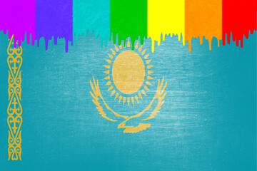 Paint (rainbow flag) is dripping over the national flag of Kazakhstan