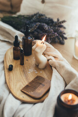 Natural organic oil and bottles with herbal cosmetics. Home spa and beauty rituals.