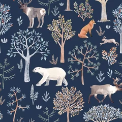 Wallpaper murals Forest animals Beautiful winter seamless pattern with hand drawn watercolor cute trees and forest bear fox deer animals. Stock illustration.
