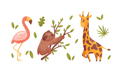 Cute exotic animals set. Pink flamingo, sloth and giraffe cartoon vector illustration