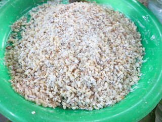 Ant's eggs on the green tray selling at local Thai fresh market in Thailand.