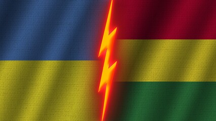 Bolivia and Ukraine Flags Together, Wavy Fabric Texture Effect, Neon Glow Effect, Shining Thunder Icon, Crisis Concept, 3D Illustration