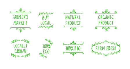 Vector Doodle Farm Icons, Hand Drawn Natural Frames, Green Color.