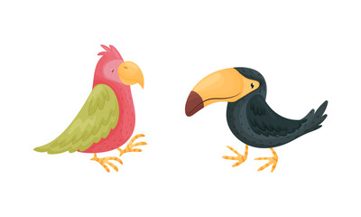 Cute exotic animals set. Toucan and parrot cartoon vector illustration