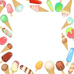 Frame of various ice creams in a waffle cone and popsicle on a stick. Mess. Summer sweet dairy product. Milk, chocolate and fruit. Border isolated on white background. Vector
