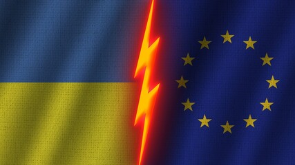 European Union and Ukraine Flags Together, Wavy Fabric Texture Effect, Neon Glow Effect, Shining Thunder Icon, Crisis Concept, 3D Illustration