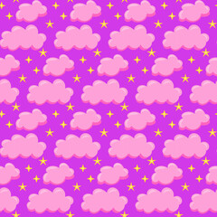 Pink clouds and stars background seamless pattern