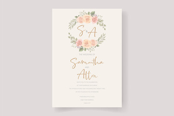 Beautiful wedding invitation card template with rose and leaf decoration