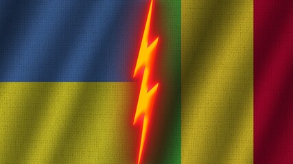 Mali and Ukraine Flags Together, Wavy Fabric Texture Effect, Neon Glow Effect, Shining Thunder Icon, Crisis Concept, 3D Illustration