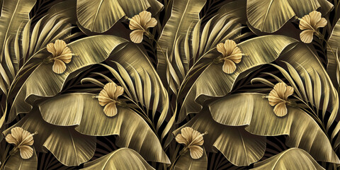 Tropical seamless pattern with golden hibiscus, vintage palm leaves, banana leaves. Hand-drawn premium 3D illustration. Glamorous exotic background. Good for luxury wallpapers, cloth, fabric printing - obrazy, fototapety, plakaty
