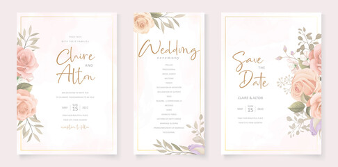 Obraz na płótnie Canvas Beautiful wedding invitation card template with rose and leaf decoration