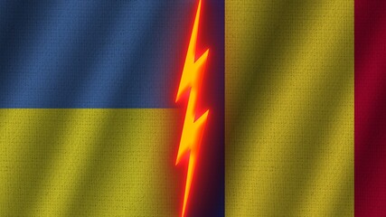 Naklejka premium Romania and Ukraine Flags Together, Wavy Fabric Texture Effect, Neon Glow Effect, Shining Thunder Icon, Crisis Concept, 3D Illustration