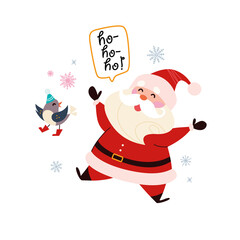 Funny cute Santa Claus character with ho-ho-ho hand writing and bird in winter hat isolated. Vector flat cartoon illustration. For Christmas cards, banners, stickers, tags, patterns etc.