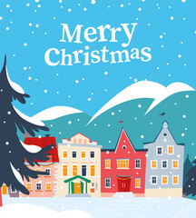 Fototapeta premium Merry Christmas card with text congratulation and beautiful winter snowy city in mountains landscape. Vector flat cartoon illustration. For banners, invitations, packaging, placards.