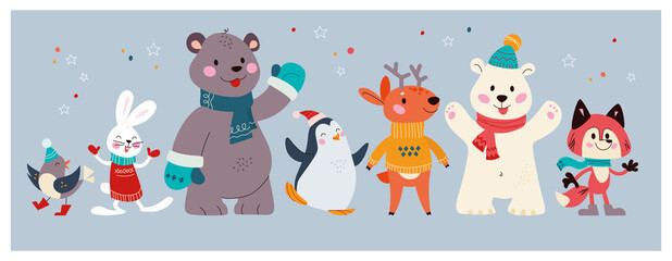 Naklejka premium Christmas banner with group of cute winter animals. Polar bear, deer, penguin, fox, rabbit isolated. Vector flat cartoon illustration. For cards, invitations, placards, packaging.