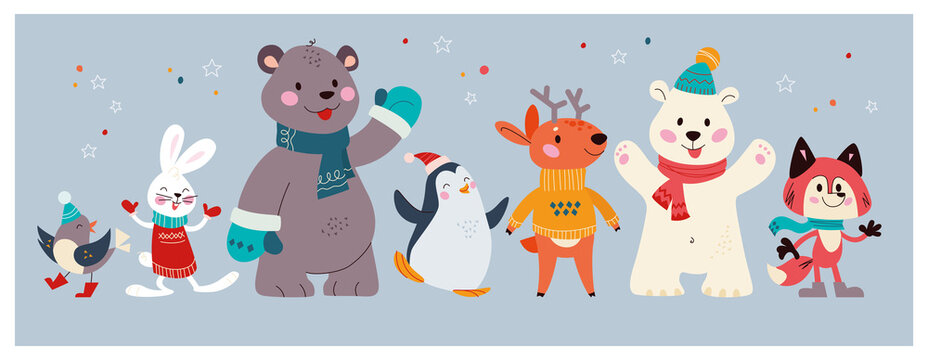 Christmas banner with group of cute winter animals. Polar bear, deer, penguin, fox, rabbit isolated. Vector flat cartoon illustration. For cards, invitations, placards, packaging.