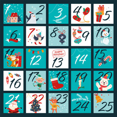 Christmas december advent calendar with numbered parts and cute winter Santa Claus, xmas elf, animals characters for cut down. Vector flat cartoon illustration.