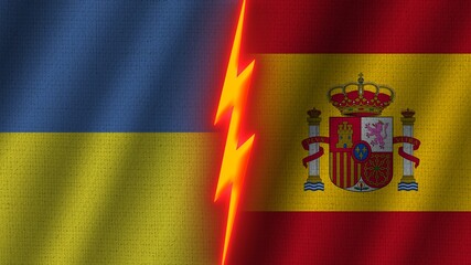 Spain and Ukraine Flags Together, Wavy Fabric Texture Effect, Neon Glow Effect, Shining Thunder Icon, Crisis Concept, 3D Illustration